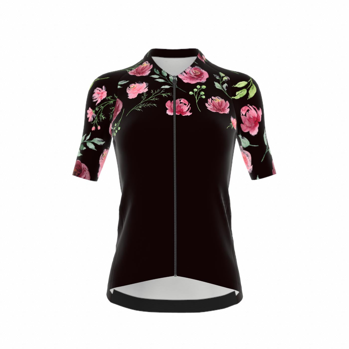 Fietsshirt dames - korte mouwen zwart met rozen - TENUE des Femmes