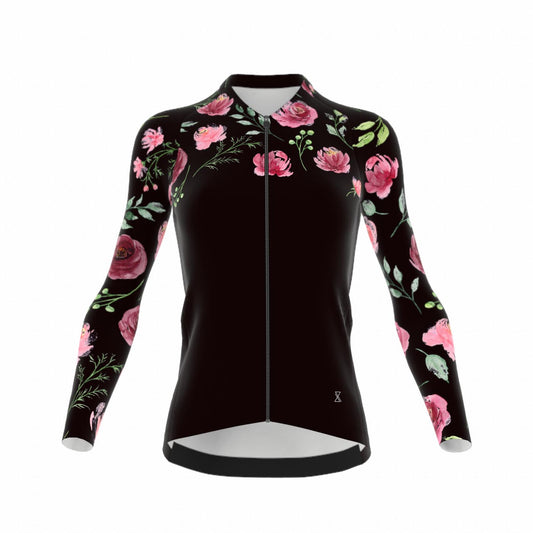 Fietsshirt dames - lange mouwen zwart met rozen - TENUE des Femmes
