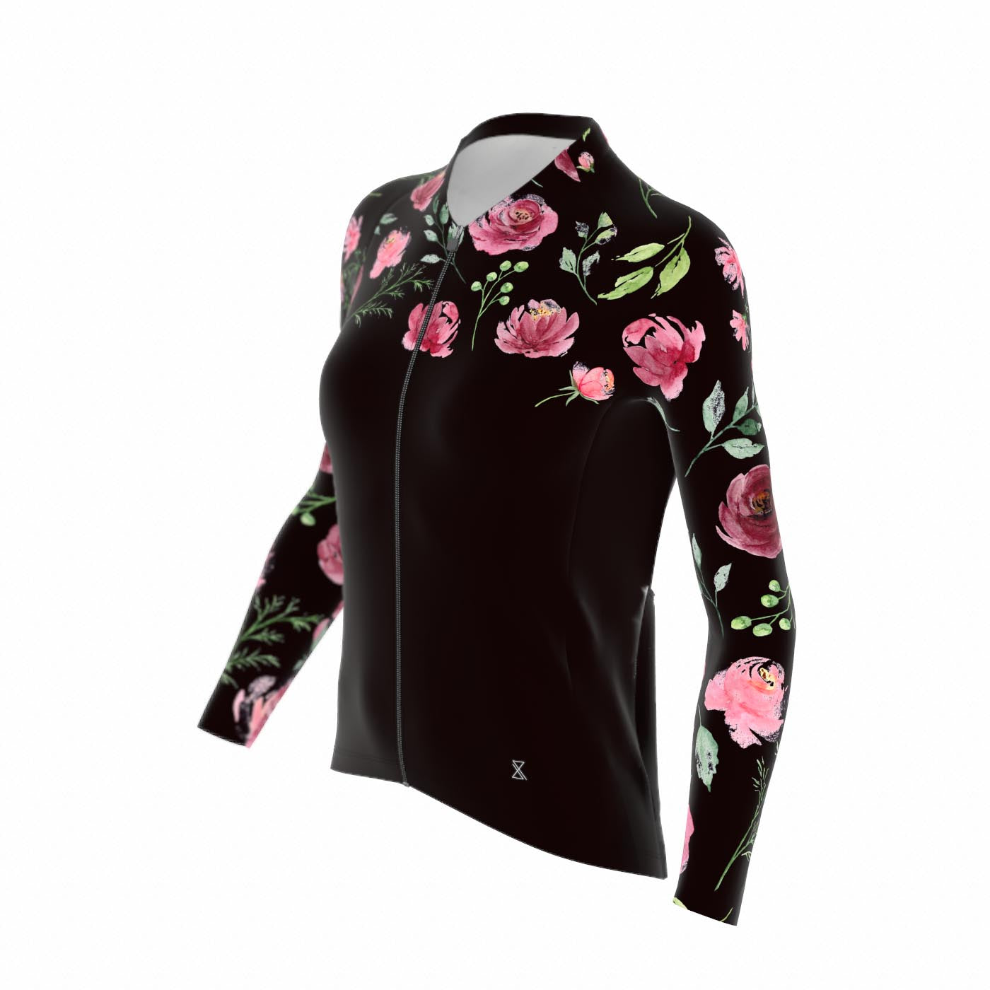 Fietsshirt dames - lange mouwen zwart met rozen - TENUE des Femmes