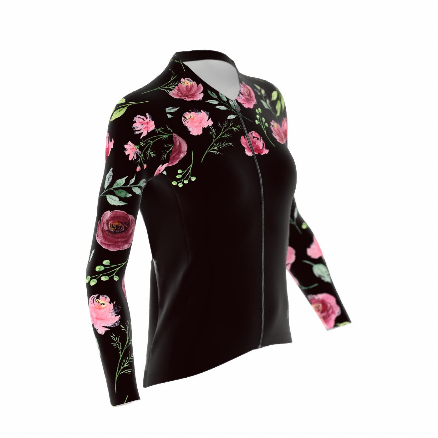 Fietsshirt dames - lange mouwen zwart met rozen - TENUE des Femmes
