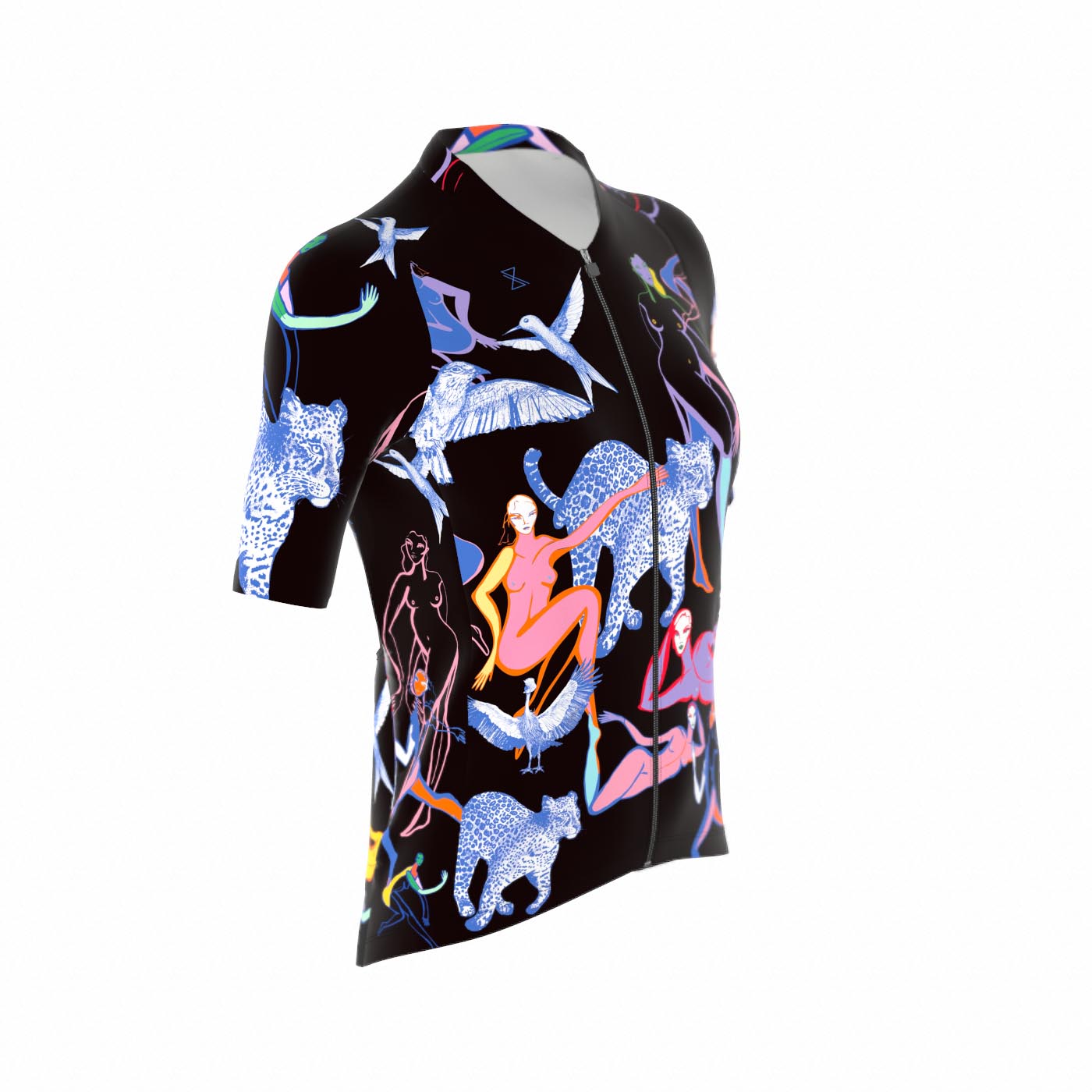 Fietsshirt dames - korte mouwen zwart met print- TENUE des Femmes