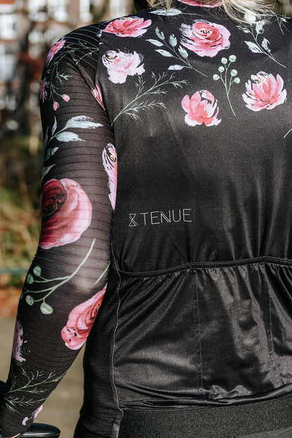 Achterkant fietsshirt lange mouwen zwart met rozen
