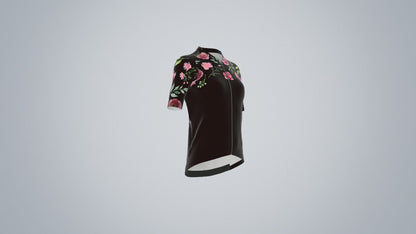 Fietsshirt dames - korte mouwen zwart met rozen - TENUE des Femmes