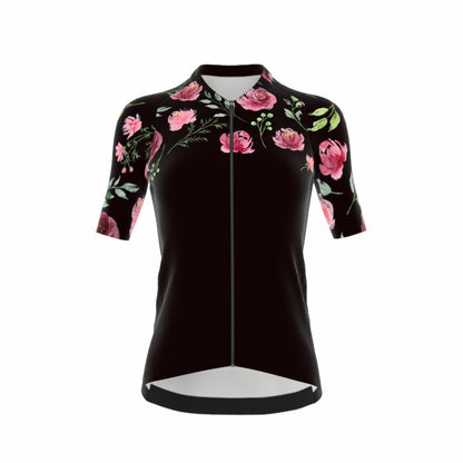 Fietsshirt dames - korte mouwen zwart met rozen - TENUE des Femmes