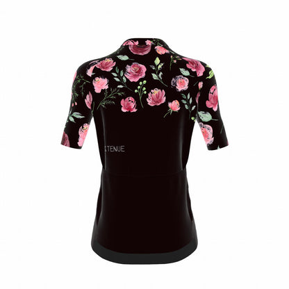 Fietsshirt dames - korte mouwen zwart met rozen - TENUE des Femmes