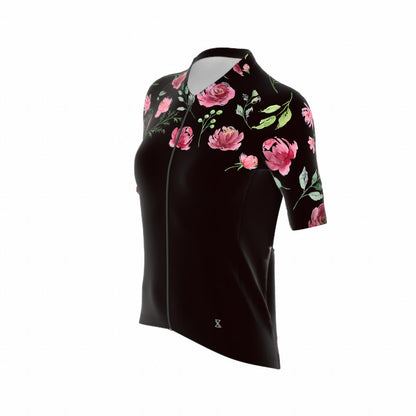 Fietsshirt dames - korte mouwen zwart met rozen - TENUE des Femmes