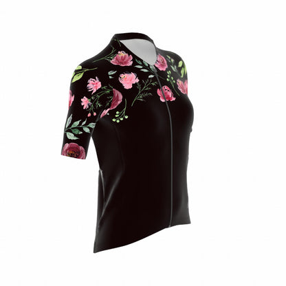 Fietsshirt dames - korte mouwen zwart met rozen - TENUE des Femmes